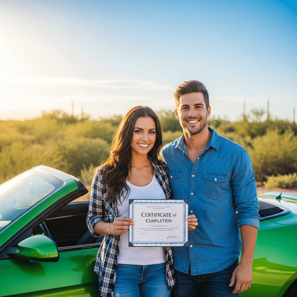 Happy couple by their car after completing Arizona defensive driving course